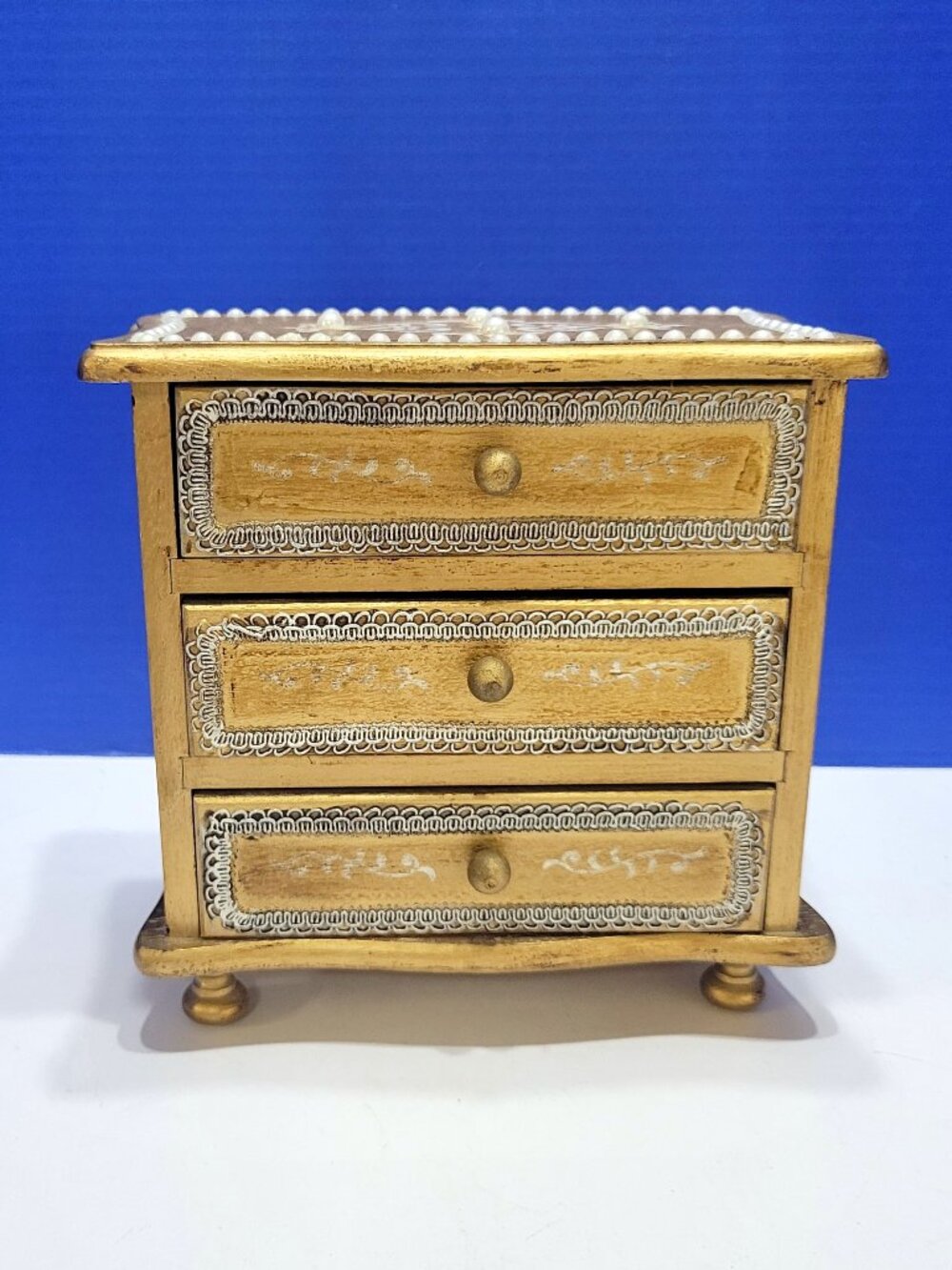 Vintage Norleans Gold Wood Dresser Musical Jewelry Box with Pearls
